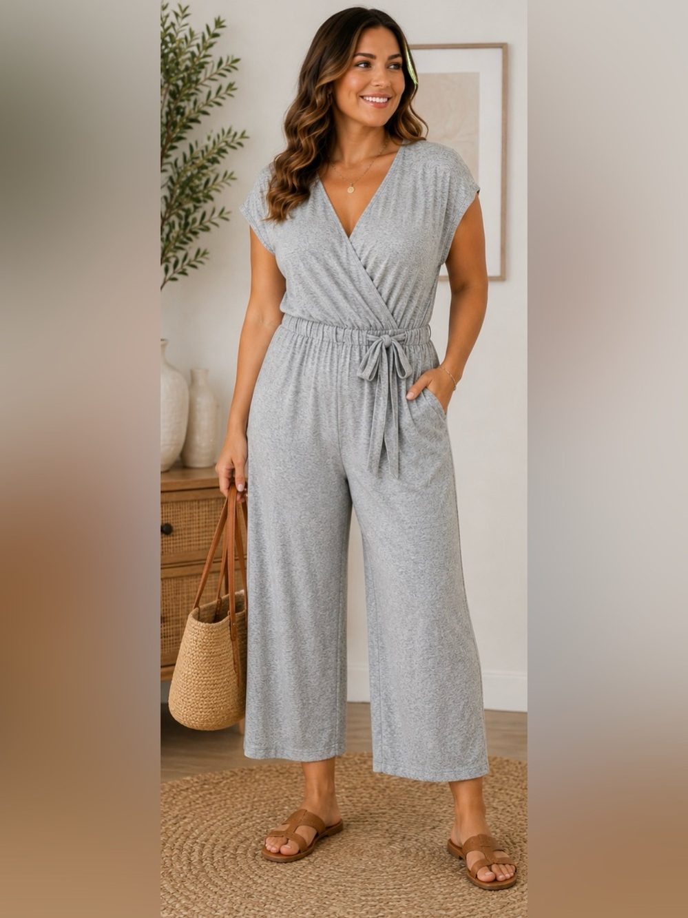 424 Caution to the Wind Gray Heather Surplice Wide Leg Jumpsuit Lounge One Piece
